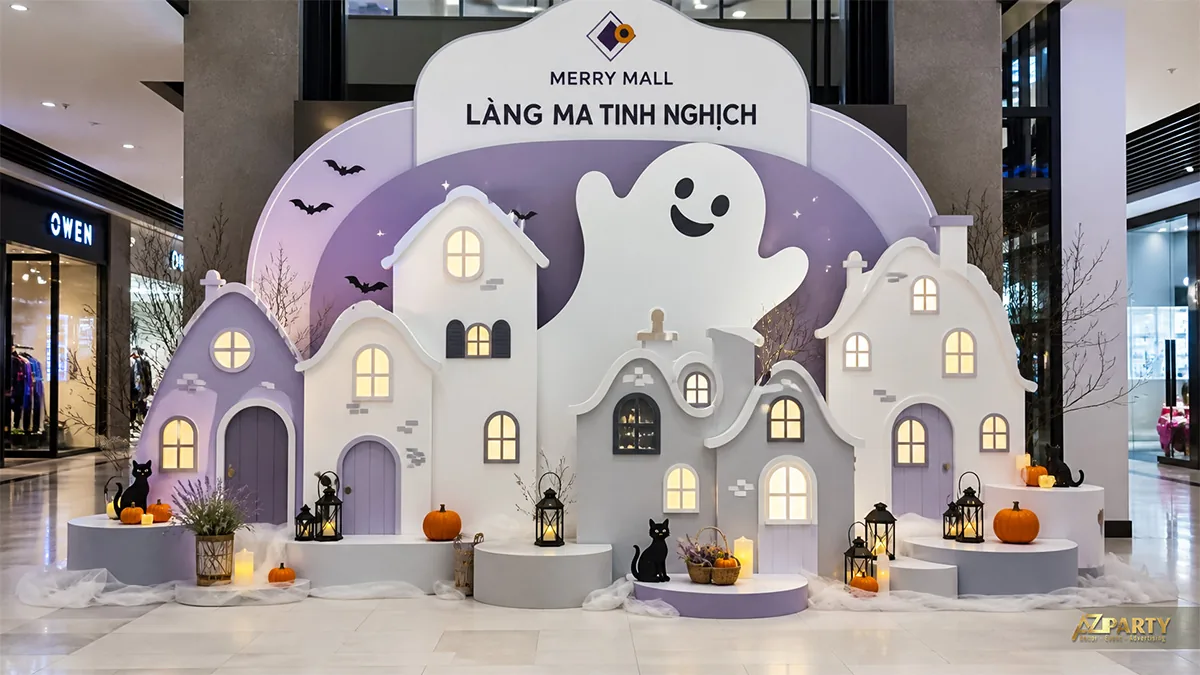 Tiểu cảnh Halloween dễ thương với ngôi làng ma màu tím pastel, mèo đen và bí ngô phát sáng