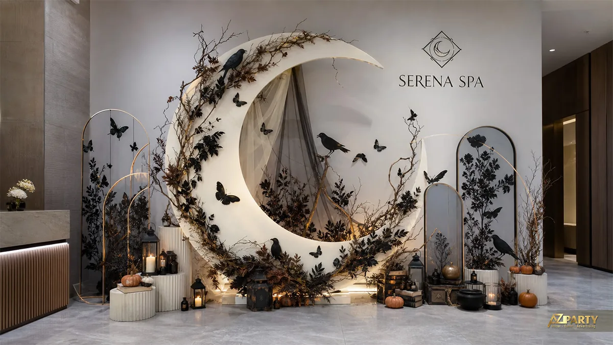 Tiểu cảnh Halloween sang trọng với trăng khuyết trắng, lá tối màu, bướm và gương vòm