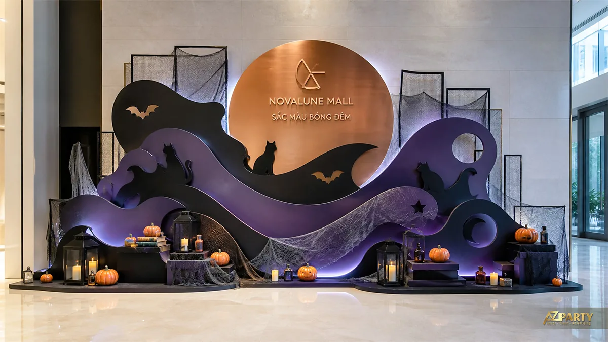 Tiểu cảnh Halloween trừu tượng với các lớp sóng đen tím, trăng đồng và đèn lồng