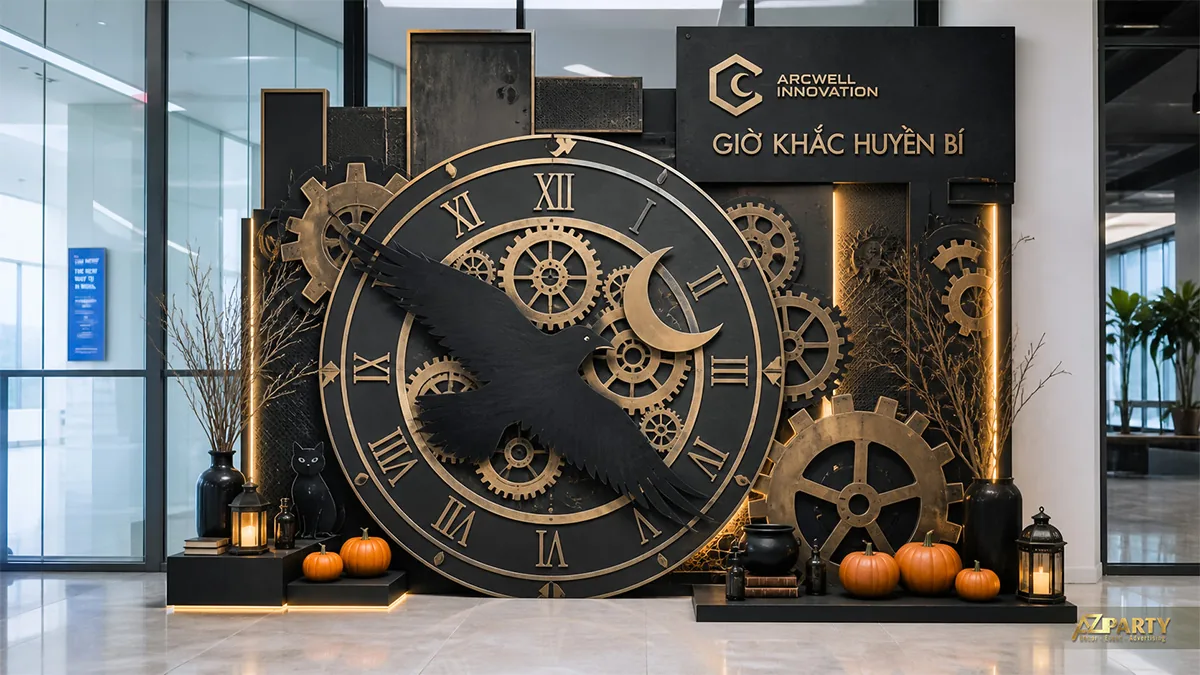 Tiểu cảnh đồng hồ bánh răng phong cách steampunk với quạ đen, trăng khuyết và bí ngô