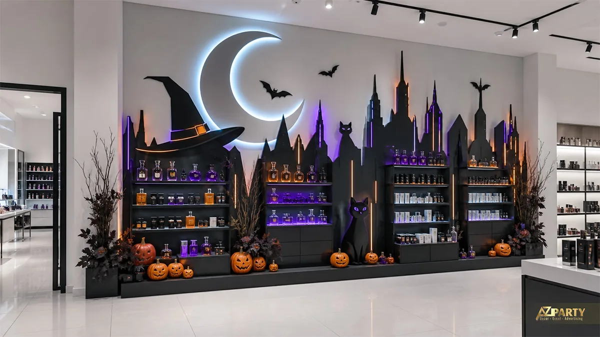 Kệ trưng bày Halloween trong cửa hàng với thành phố đen, mũ phù thủy, mèo và đèn tím cam