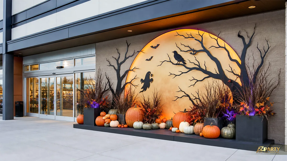 Tiểu cảnh Halloween ngoài cửa hàng với trăng vàng, quạ, bóng ma và nhiều màu bí ngô