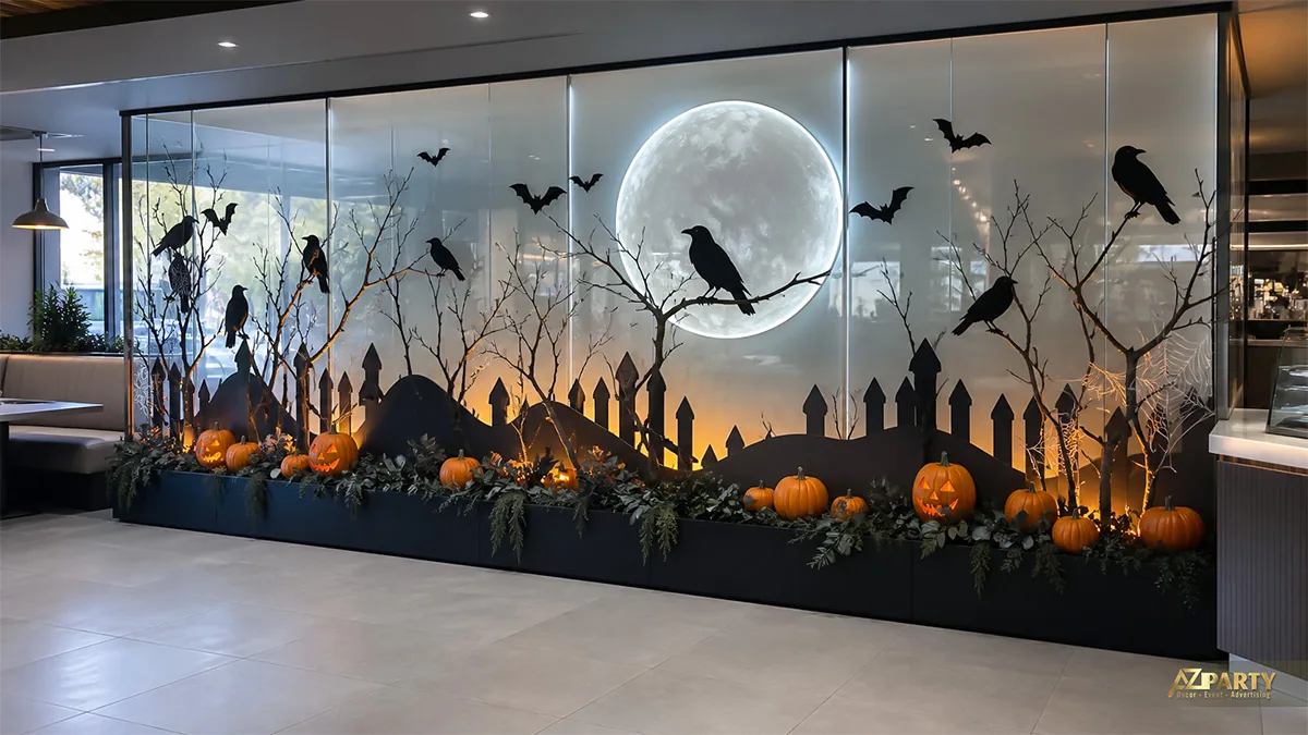 Tiểu cảnh Halloween trên vách kính với trăng tròn, đàn quạ, hàng rào và bí ngô