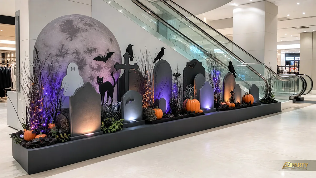 Tiểu cảnh nghĩa địa Halloween dưới chân thang cuốn với bia mộ, quạ, mèo và trăng tím