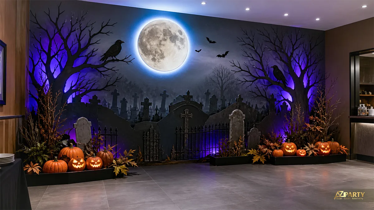 Tiểu cảnh nghĩa địa Gothic dưới trăng sáng với cổng sắt, quạ, cây tím và bí ngô