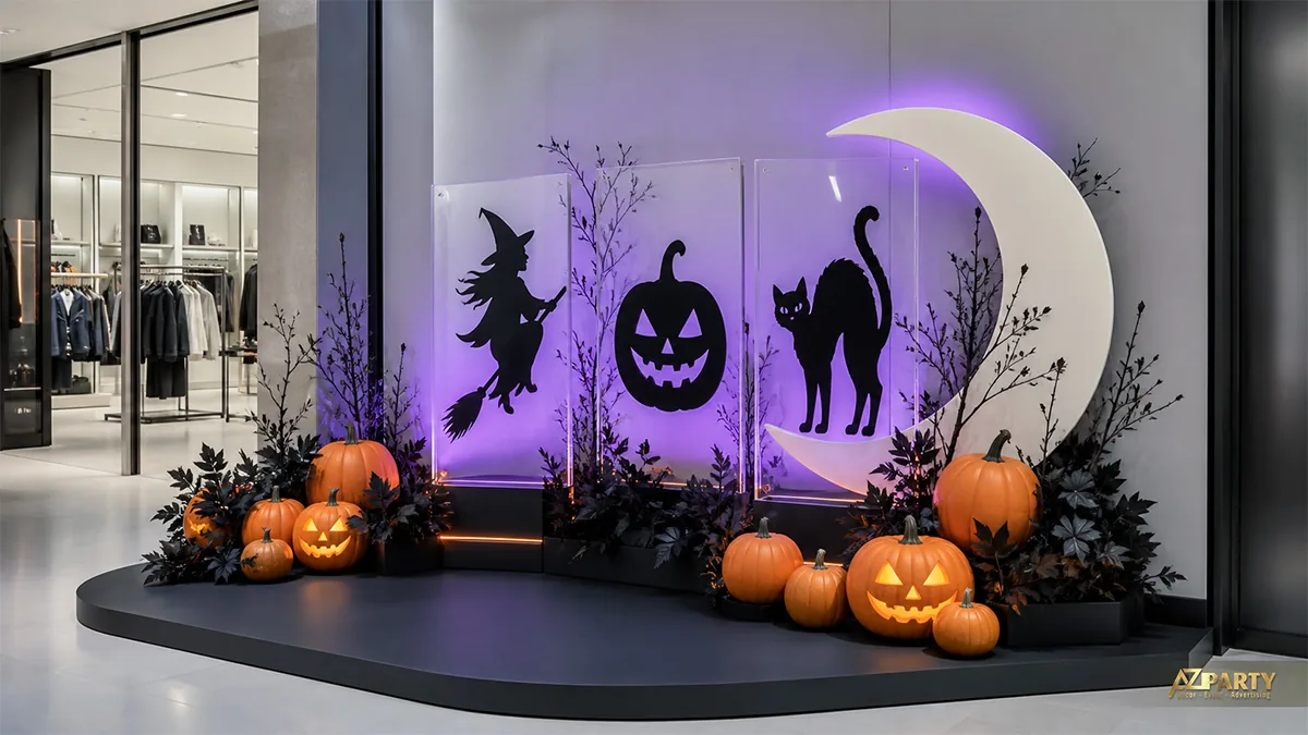 Tiểu cảnh Halloween tối giản với ba tấm mica in bóng phù thủy, bí ngô và mèo đen