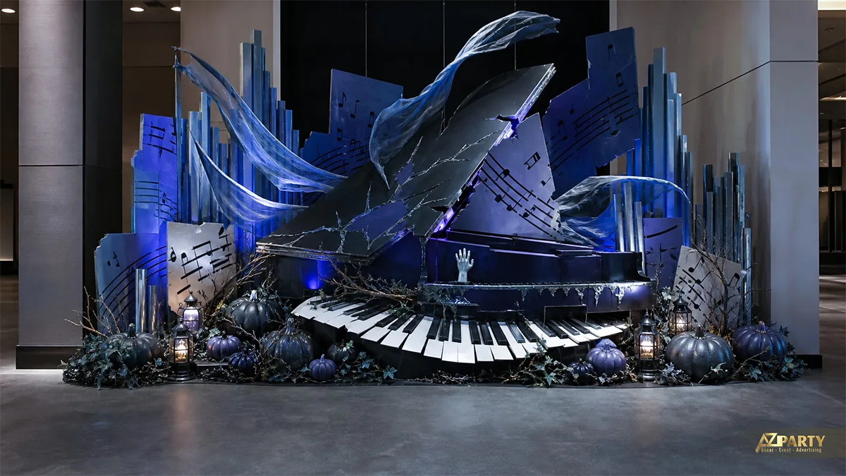 Tiểu cảnh đàn piano ma quái với phím đàn vỡ, bản nhạc, bàn tay và bí ngô đen