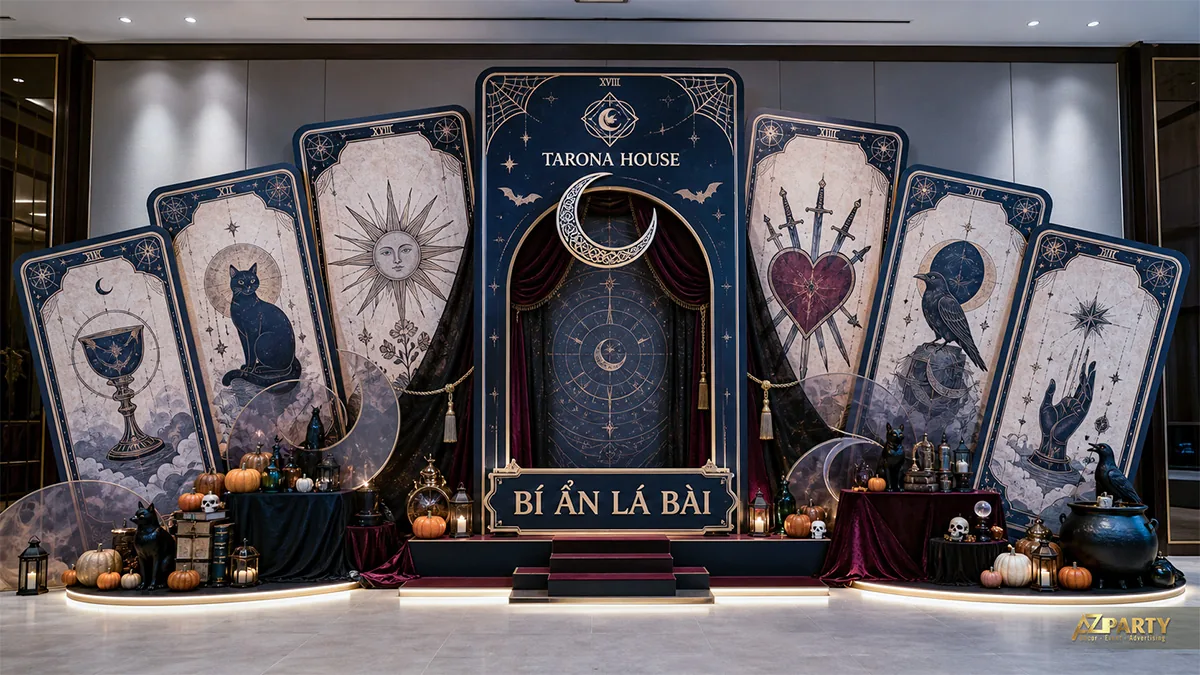 Tiểu cảnh bài Tarot khổng lồ với trăng khuyết, mèo, quạ, vạc phép và rèm nhung