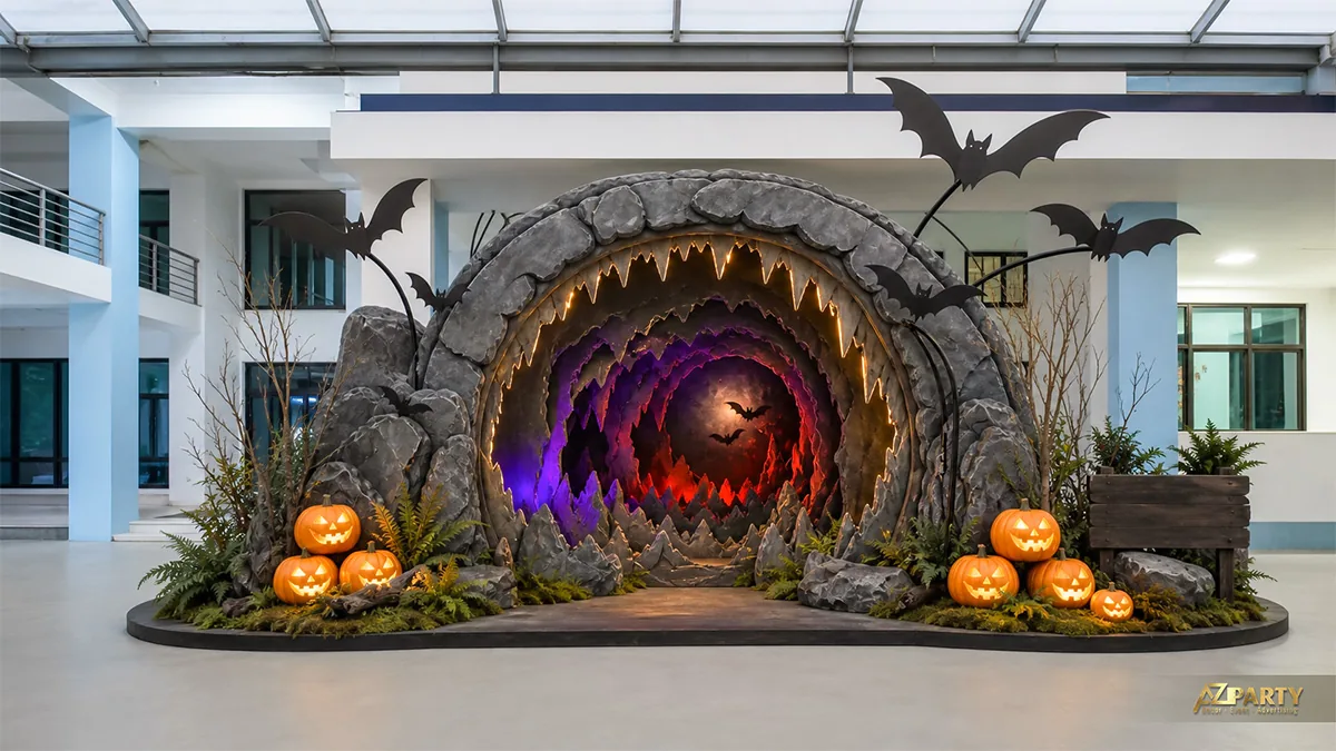 Tiểu cảnh hang động Halloween nhiều lớp với dơi, ánh sáng tím đỏ và bí ngô