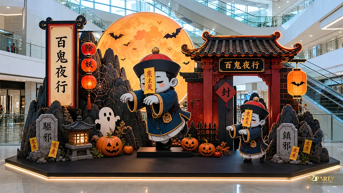 Tiểu cảnh Halloween phong cách Á Đông với cương thi, cổng cổ, núi đá và trăng cam