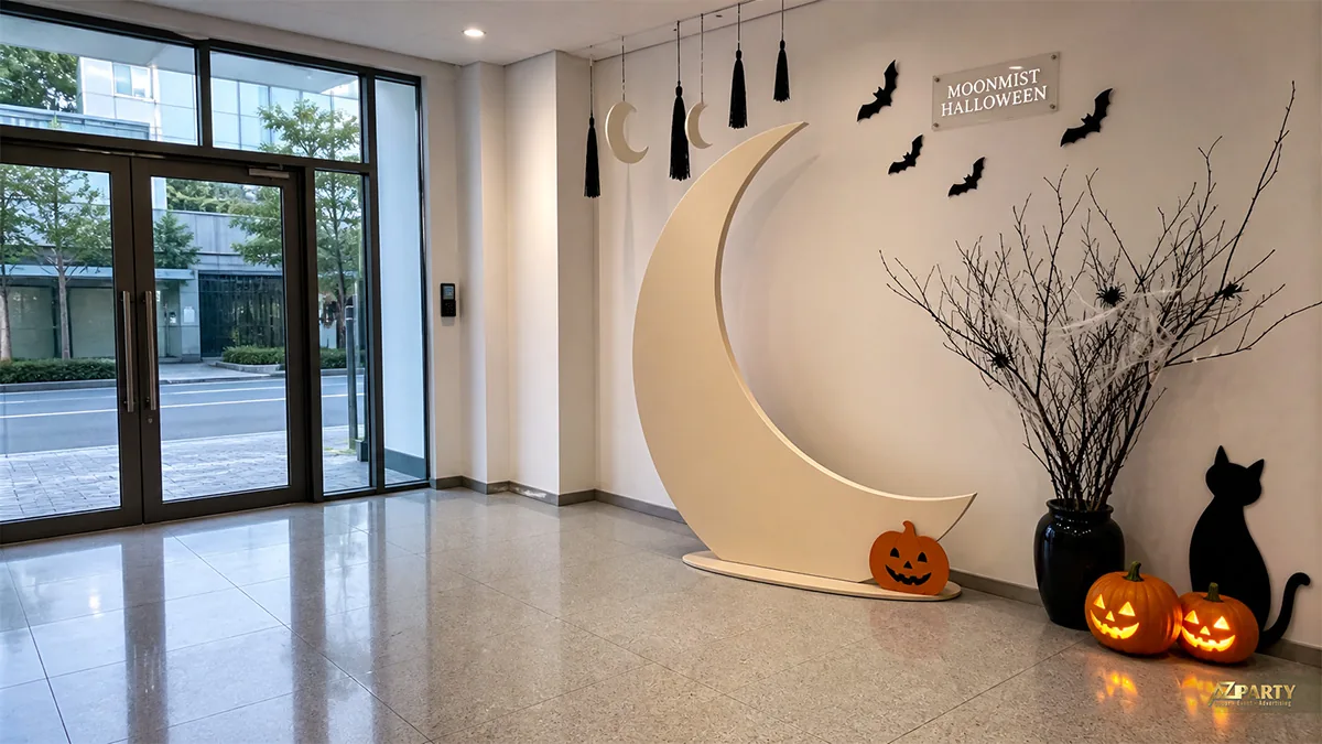 Tiểu cảnh Halloween đơn giản với trăng khuyết, mèo đen và bí ngô