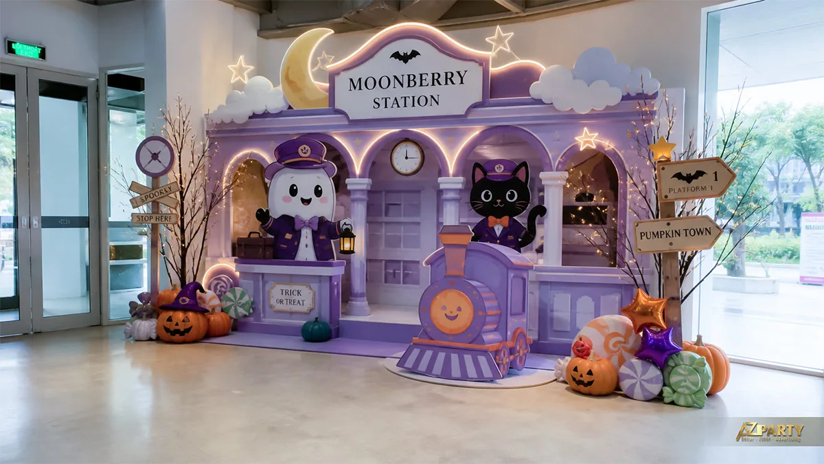 Tiểu cảnh nhà ga Halloween màu tím với ma nhân viên, mèo lái tàu và kẹo