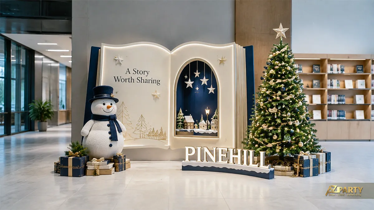 Tiểu cảnh Noel dạng trang sách với người tuyết, ô cửa và cây thông