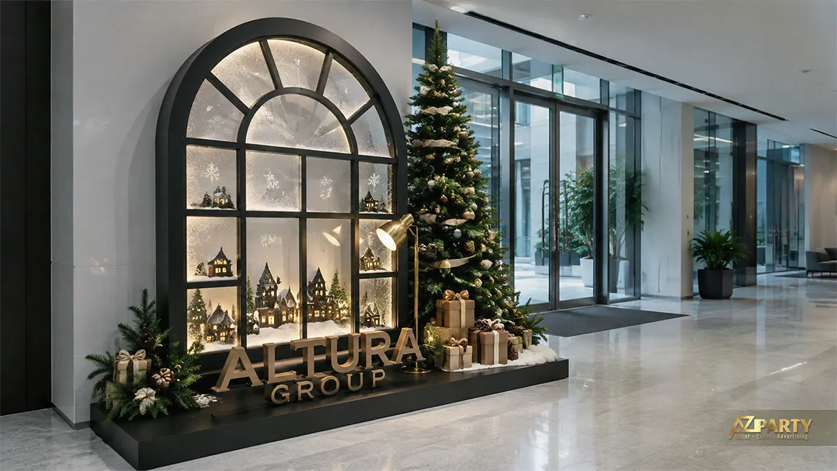 Góc Noel bên cửa sổ vòm với làng tuyết phát sáng và cây thông cao