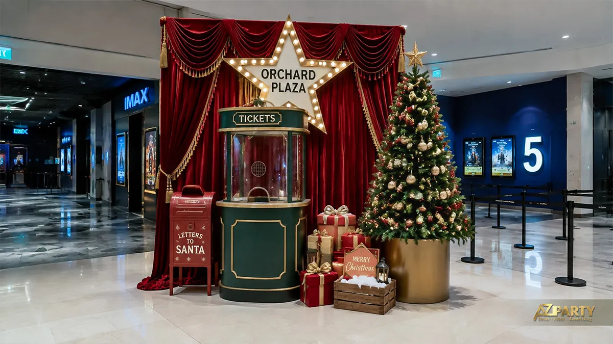 Quầy vé ông già Noel với rèm nhung đỏ, cây thông và hộp quà