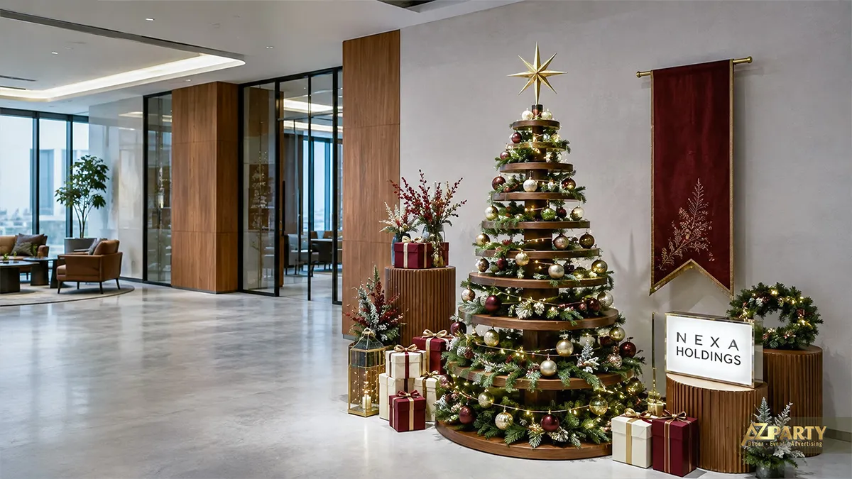 Cây thông Noel xếp tầng trang trí quả châu vàng và hộp quà