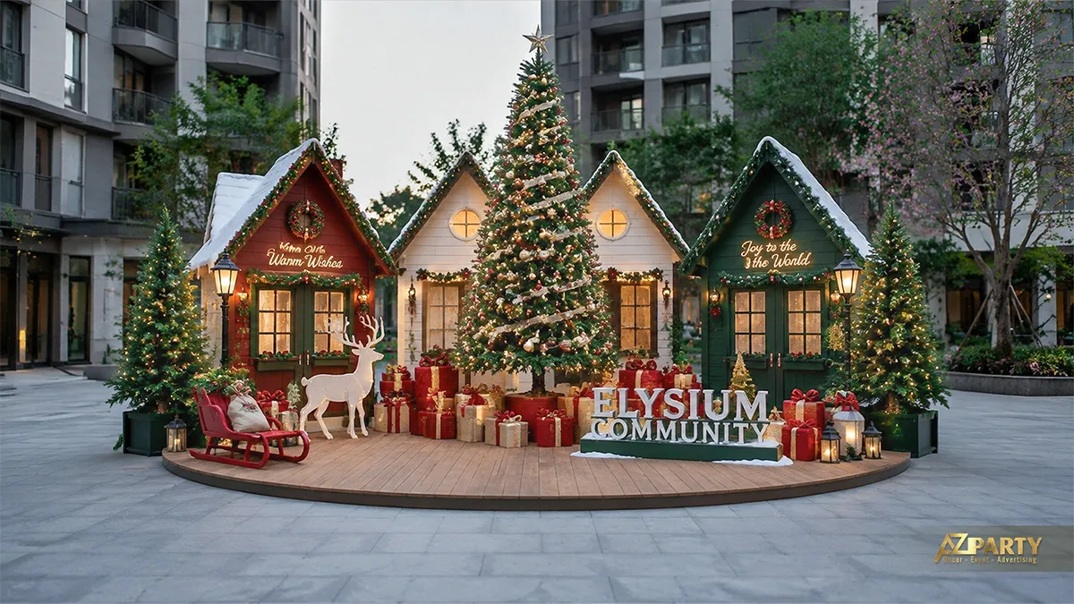 Làng Noel nhà gỗ ngoài trời với cây thông lớn và xe trượt tuyết