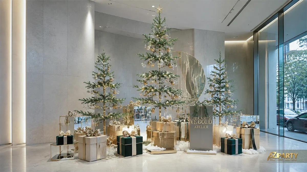Tiểu cảnh Noel trắng vàng với cây thông mảnh, trụ quà và gương phản chiếu