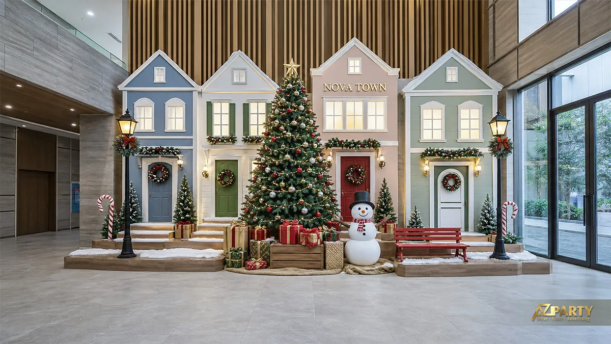 Làng Noel phong cách châu Âu với dãy nhà, ghế đỏ và người tuyết