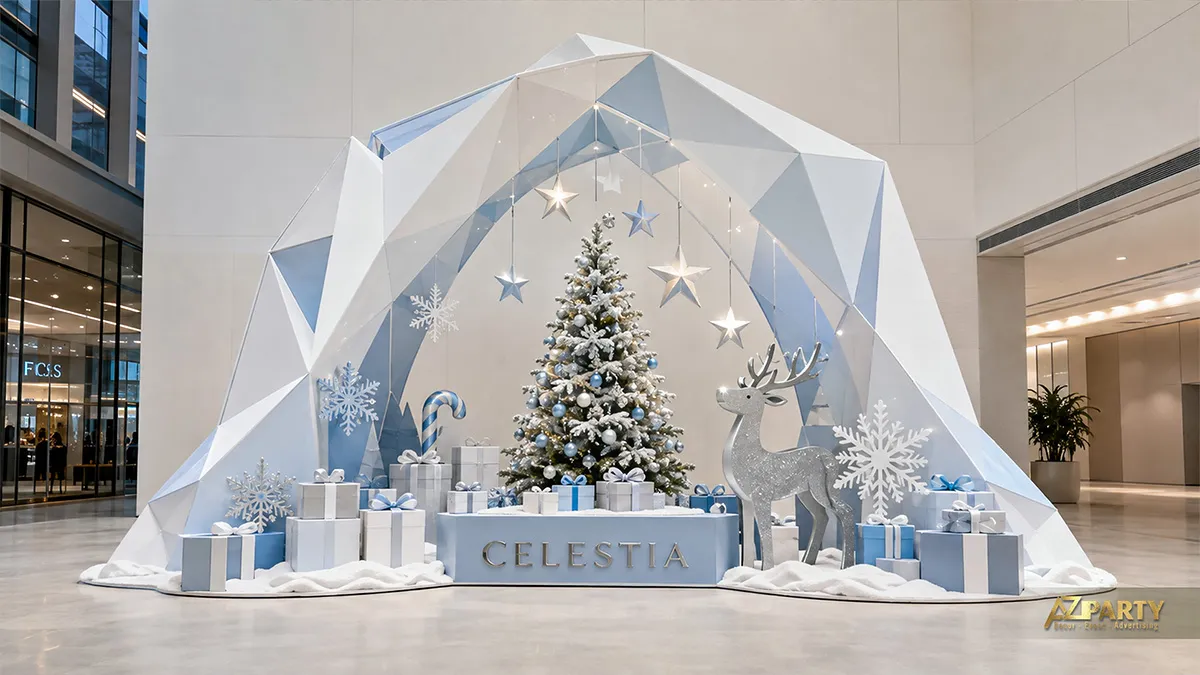 Tiểu cảnh Noel trắng dạng mái vòm kim cương với tuần lộc và cây phủ tuyết