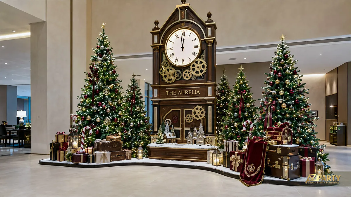 Góc Noel cổ điển có tháp đồng hồ lớn, rừng thông và va li trang trí