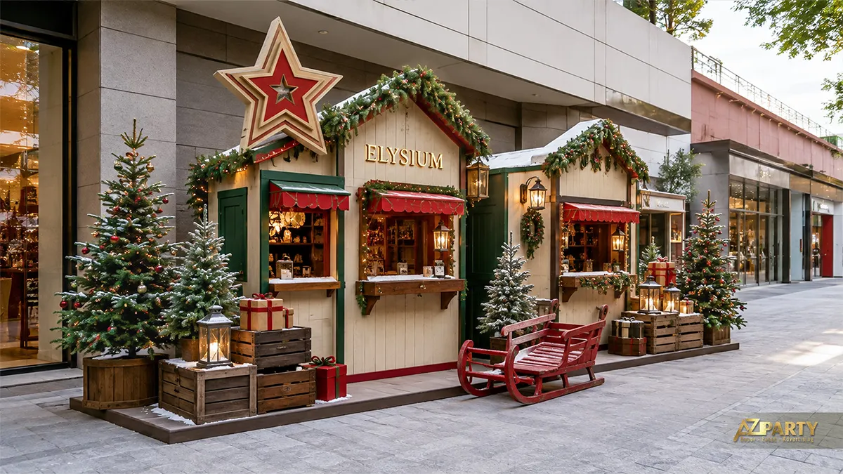 Tiểu cảnh phố Noel với hai quầy gỗ, xe trượt tuyết và cây thông