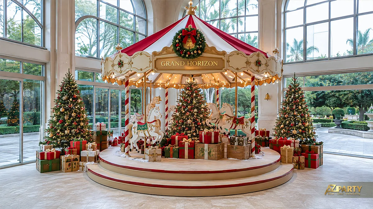 Tiểu cảnh Noel vòng đu quay cổ điển giữa sảnh kính nhiều ánh sáng