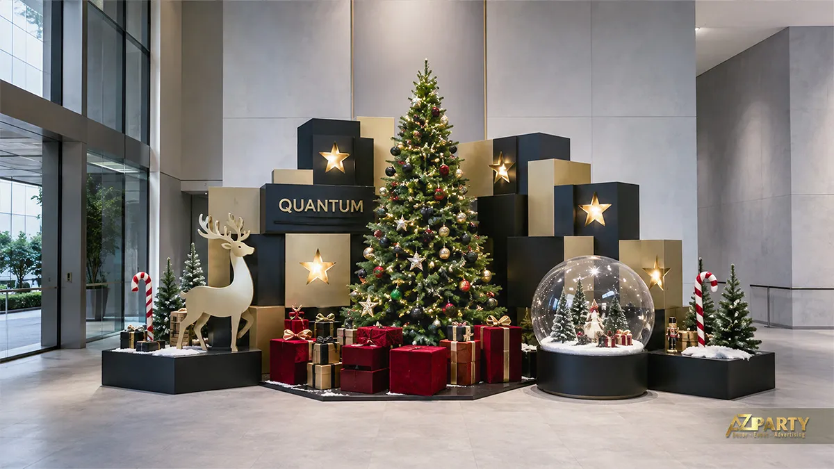 Góc Noel hiện đại với các khối đen gắn sao vàng, tuần lộc và cây thông