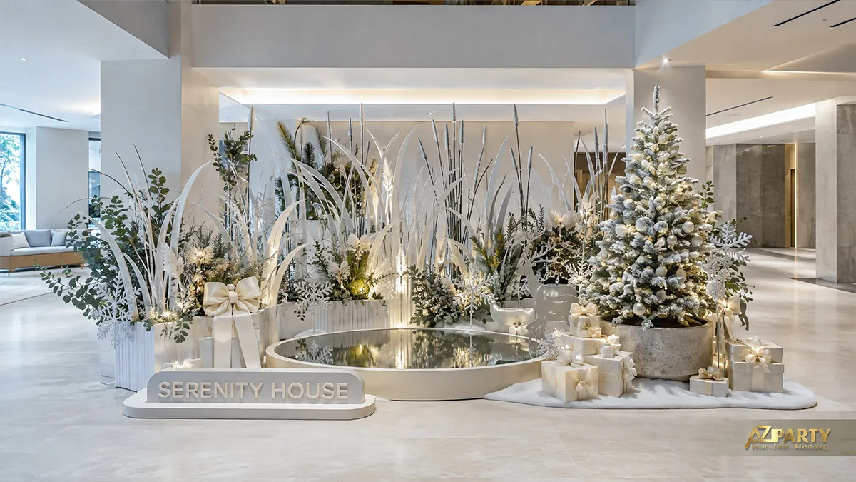 Tiểu cảnh Noel trắng bạc với cây phủ tuyết, cỏ lau và cụm nến