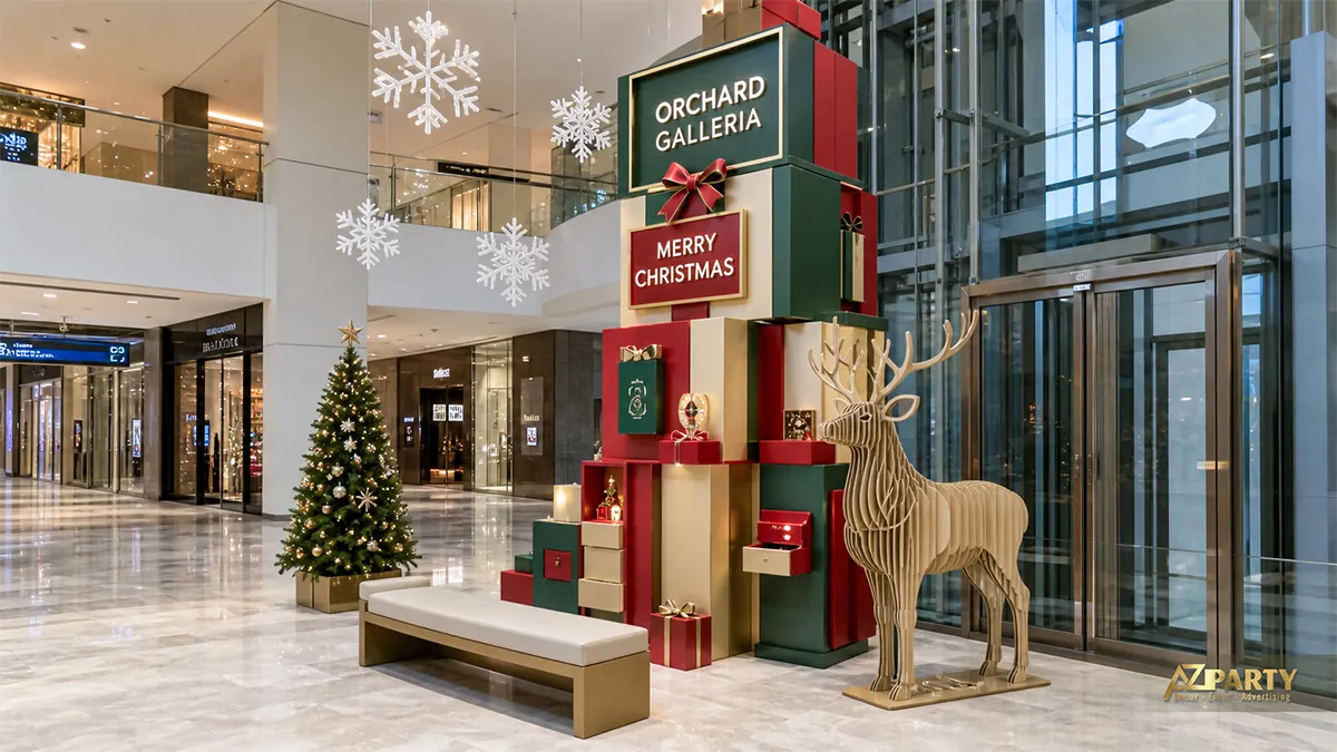 Tiểu cảnh Noel ở trung tâm thương mại với hộp quà và tuần lộc vàng