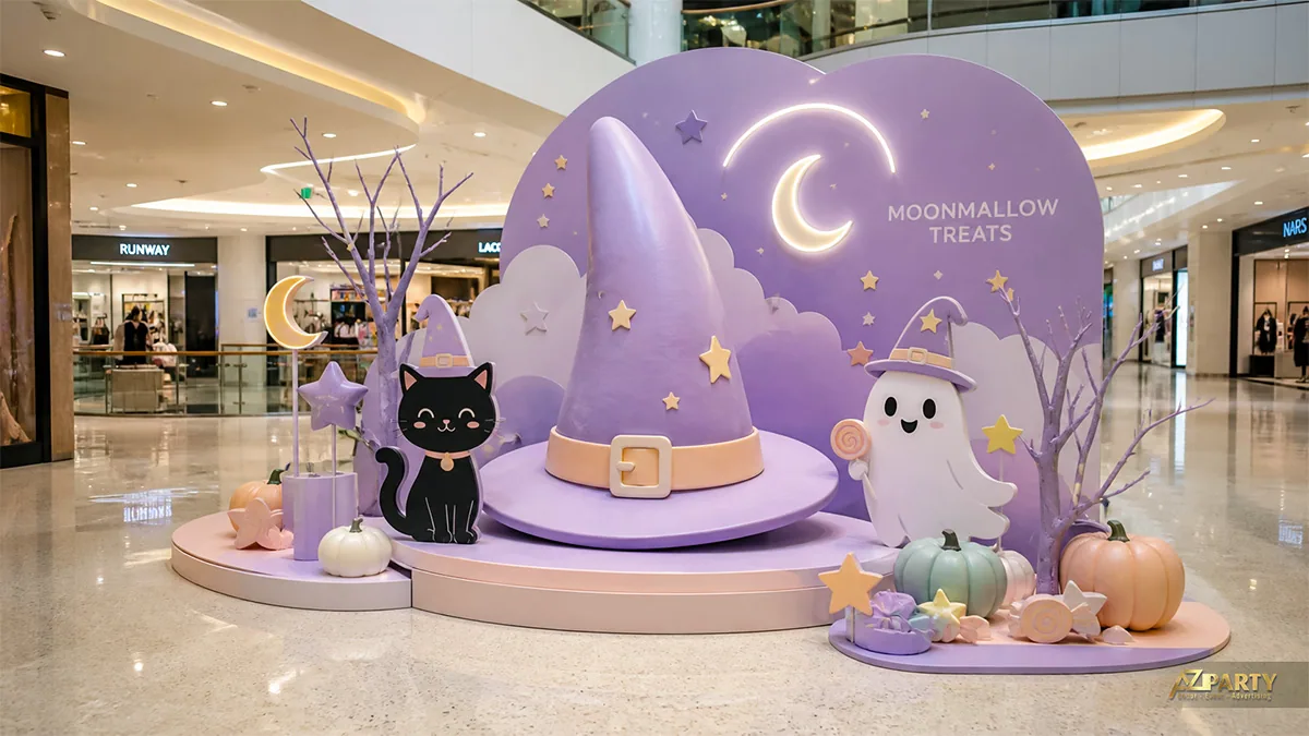 Tiểu cảnh nón phù thủy khổng lồ với mèo đen, ma nhỏ và bí ngô pastel