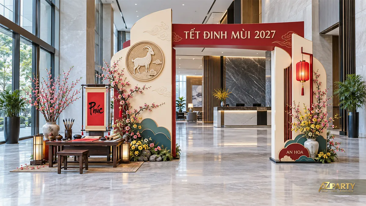 Cổng Tết màu đỏ kem với bàn viết thư pháp, phù điêu dê và hai bình hoa