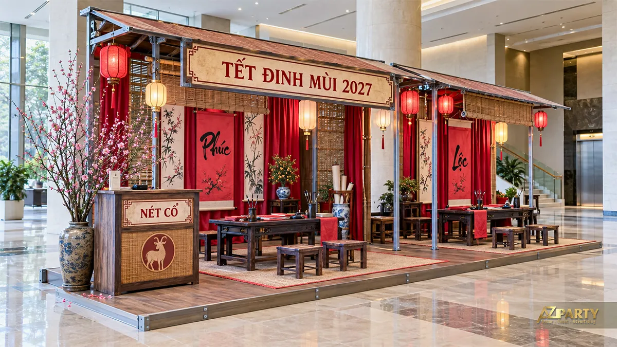 Gian nhà mái gỗ với nhiều bàn viết, rèm đỏ và đèn lồng treo cao