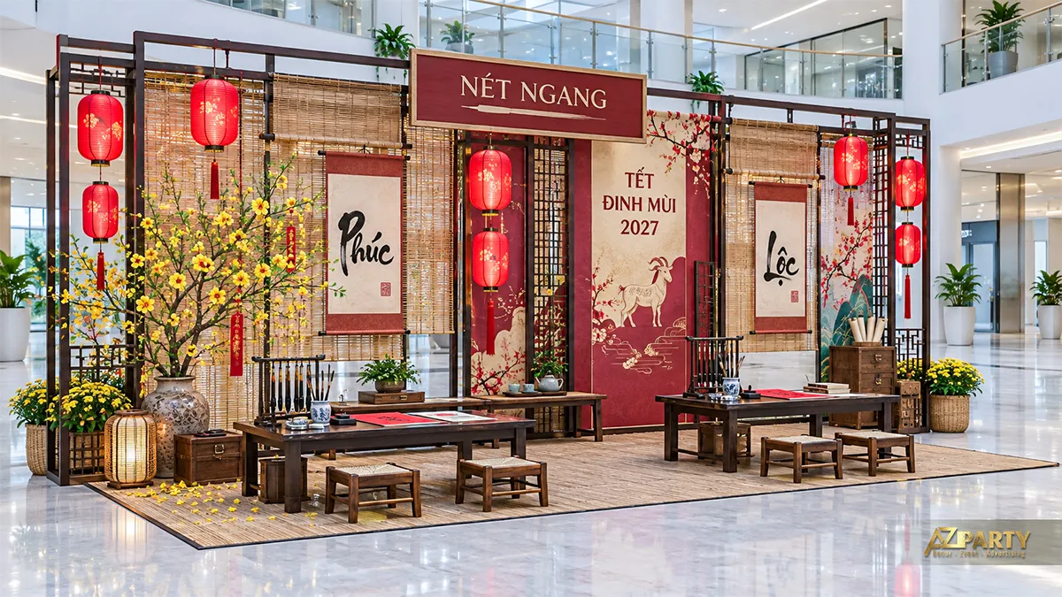 Góc viết thư pháp trong sảnh với vách tre, đèn lồng và bình mai vàng