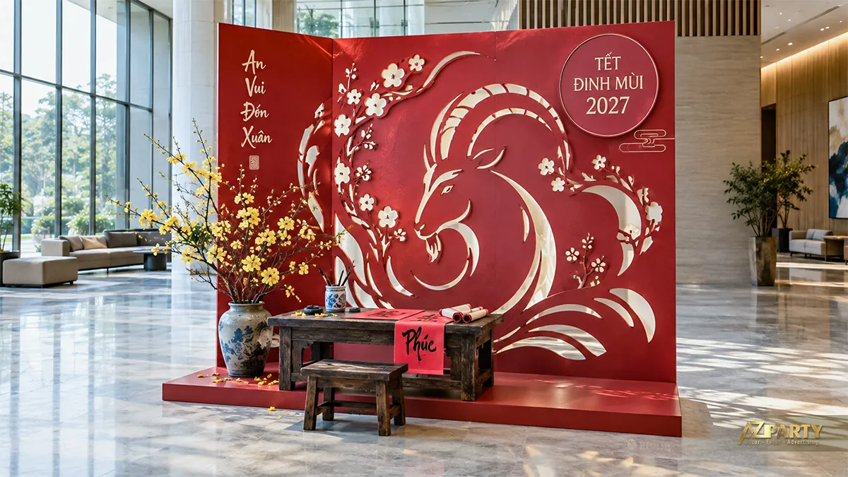 Backdrop đỏ chạm hình dê với bàn viết gỗ và bình mai vàng