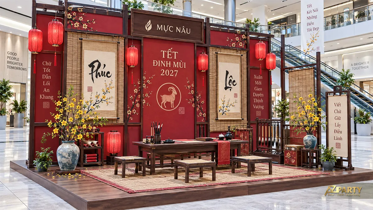 Gian chữ nền đỏ với mành tre, đèn lồng, bàn gỗ và hai bình mai