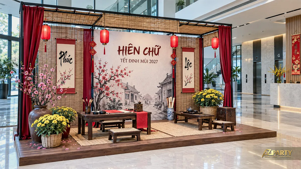 Góc Hiên Chữ với tranh phố cổ, hai bàn gỗ, hoa đào và cúc vàng