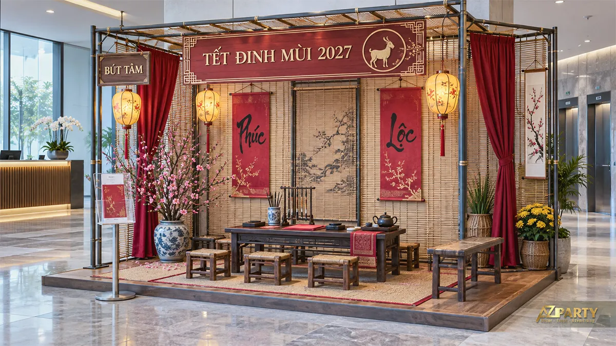 Gian Bút Tâm bằng tre với bàn viết, ghế thấp và đèn lồng vàng
