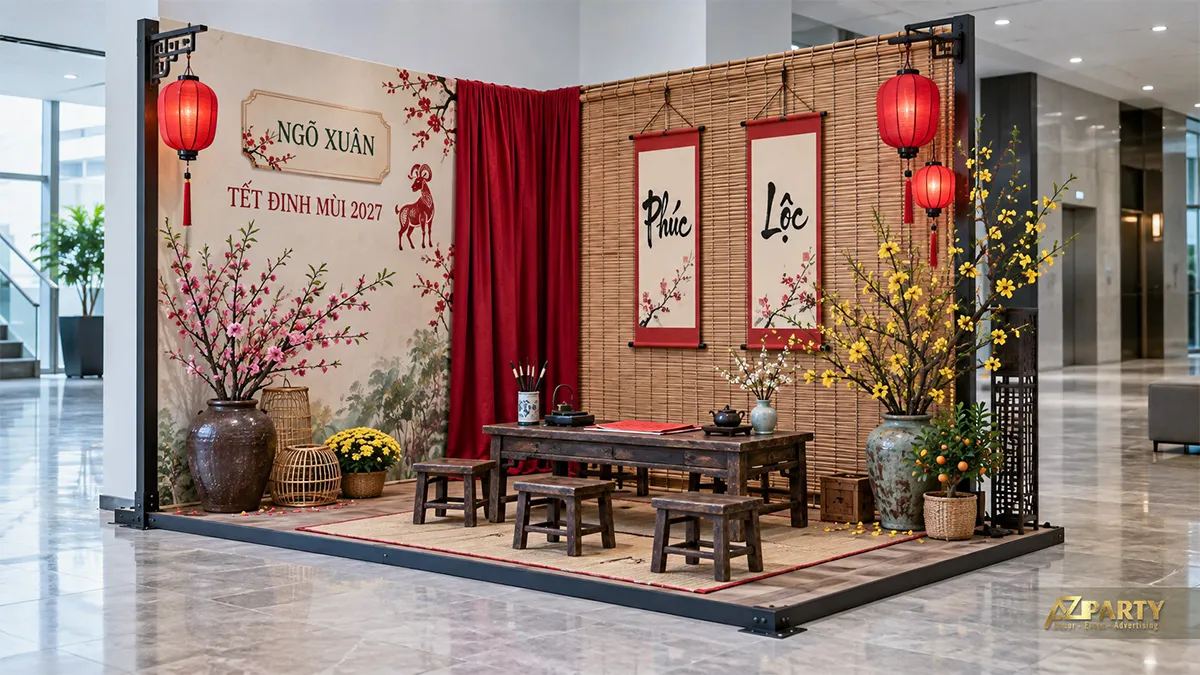 Góc Ngõ Xuân với mành tre, bàn viết, hoa đào, hoa mai và cây quất