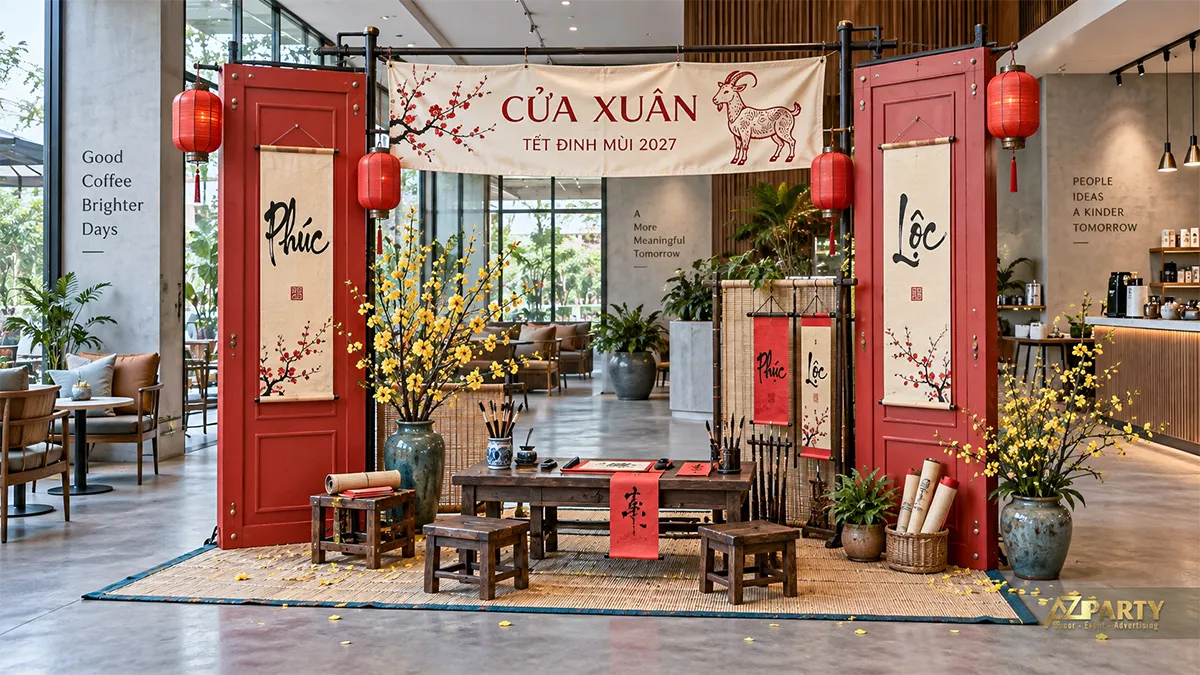 Cổng Xuân bằng hai cánh cửa đỏ với bàn thư pháp và bình mai vàng