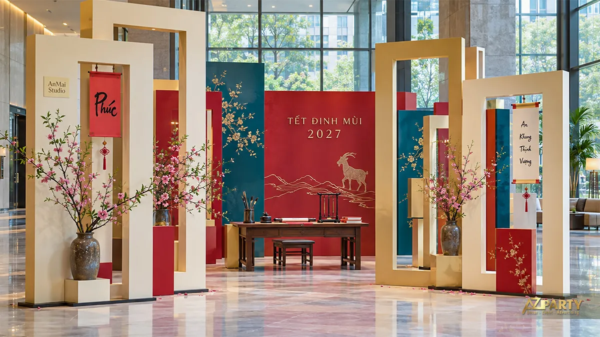 Lối check-in khung hình học đỏ xanh dẫn vào bàn viết thư pháp