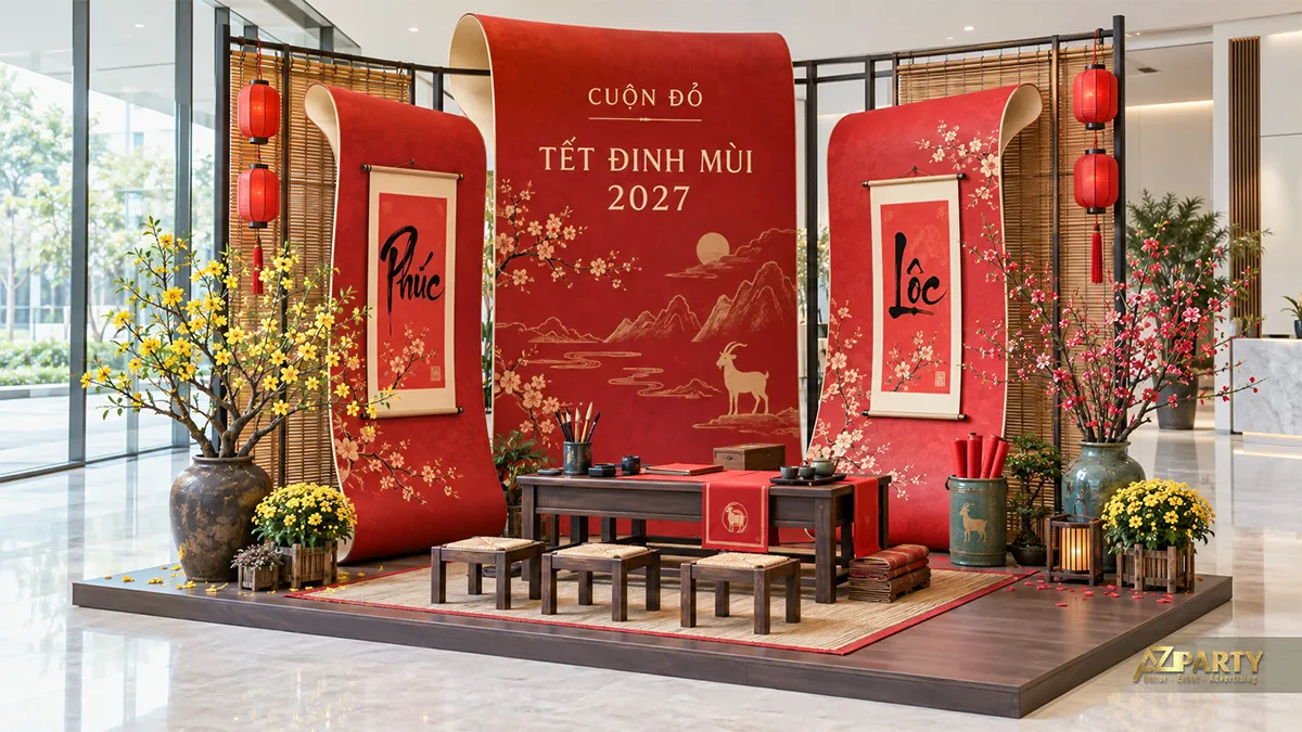 Ba cuộn giấy đỏ khổ lớn với tranh chữ, bàn gỗ và đèn lồng