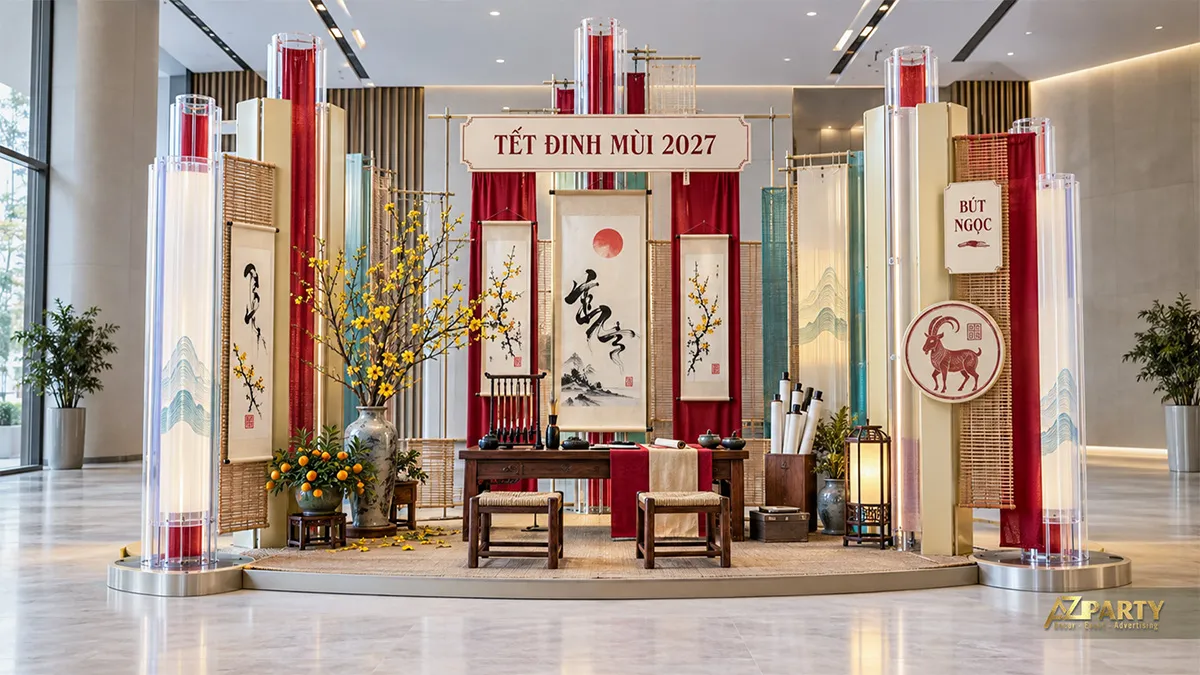 Không gian khung sáng hiện đại với tranh thủy mặc, bàn viết và cây quất