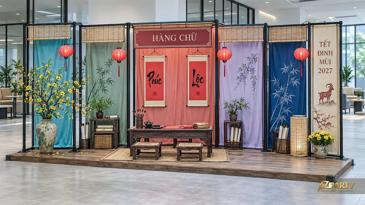Vách vải xanh hồng tím với đèn lồng, tranh chữ và bàn gỗ