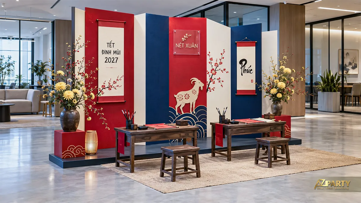 Backdrop đỏ xanh có hình dê với hai bàn viết và các bình hoa vàng