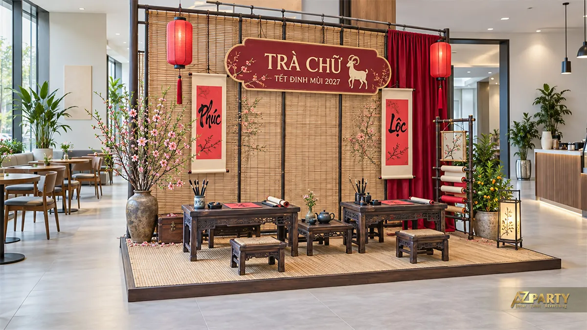 Gian Trà Chữ với hai bàn viết, giá cuộn giấy, hoa đào và cây quất