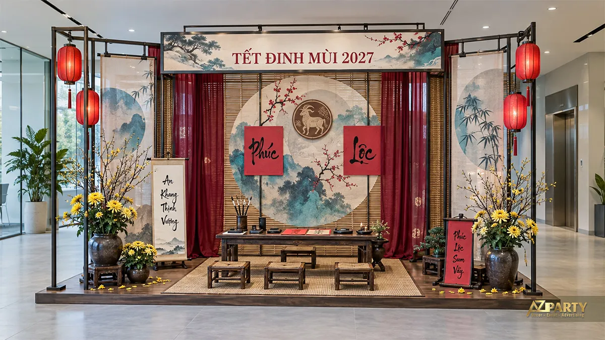 Backdrop tranh sơn thủy hình tròn với rèm đỏ, bàn viết và hoa vàng