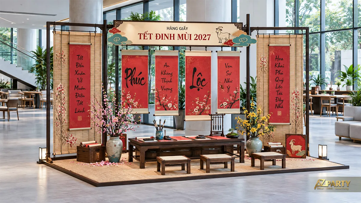Khung Hàng Giấy với nhiều câu đối đỏ, bàn dài và hai bình mai đào