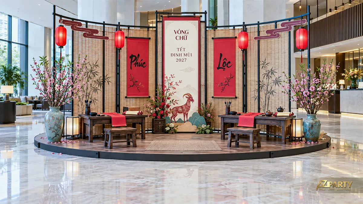 Sân khấu bán nguyệt với mành tre, hai bàn thư pháp và bình đào lớn
