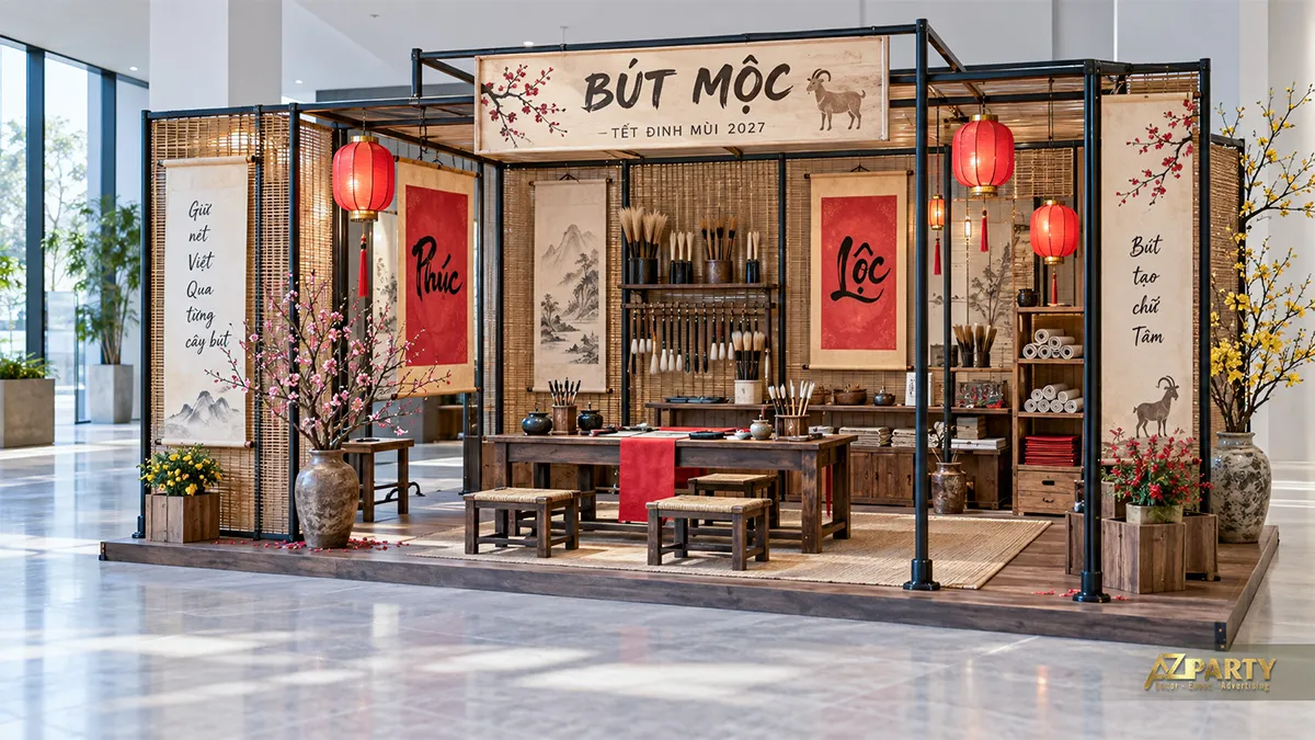 Gian Bút Mộc với kệ bút lông, cuộn giấy, hai bàn viết và đèn lồng
